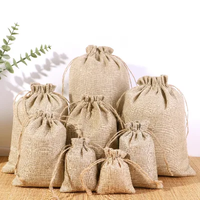 Customized Burlap Linen Pouch with Drawstrings Multiple Sizes