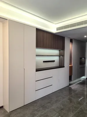 Custom Traditional Kitchen Full-wall Split-height Hinged Sideboard Shoe Cabinet Combo Modular Panel Wood Laminated Furniture