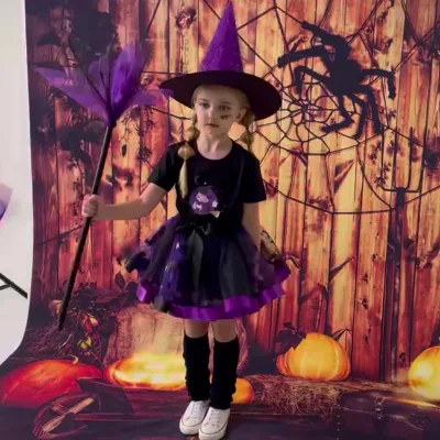Halloween Three-Piece Set Foil-Printed Witch Hat Broom Tutu Dress for Parties New Anime Costumes & Stage Wear