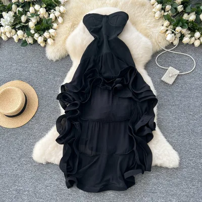 Boutique Clothing 2025 Black Color Slim Waist Temprement Tube Dress Women's Evening Ruffles Dresses