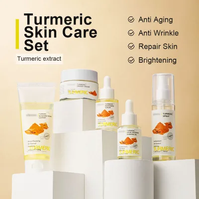 Turmeric 5-piece Skin Care Suit Facial Cleanser Serum Facial Oil Toner Spray Face Cream Moisturizing Antioxidant Skincare Set