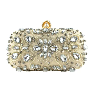 Wholesale Women Floral Crystal Pearl Beaded Clutch Bag Ivory Satin Hard Shell Pearl Top Lock Bridal Wedding Evening