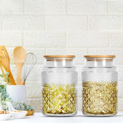 Kitchen Food Glass Jar Organization Canisters Round Square Glass Jar Sealed Storage Tank with Bamboo Wood Cover