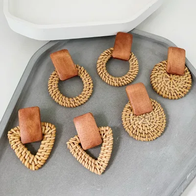 Custom Rattan Earrings Statement Hoop Dangle Earrings for Women's
