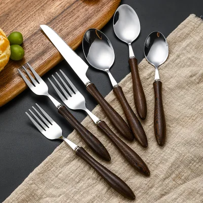 Japanese-Style Stainless Steel 430 Wooden Handle Cutlery Knife Fork Spoon Steak Knife Fork Spoon for Hotel