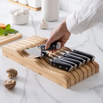 Wooden Drawer Knife Holder Horizontal Kitchen Knife Storage Rubberwood Multi-Slot Blade Organizer Rack Stand for Home Use