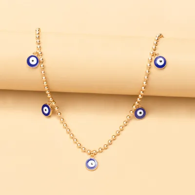Hot Selling Gold Beaded Chain Eyes Tassel Necklace Blue Evil Eyes Pendant Necklace for Women