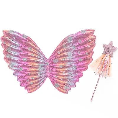 Little Girl Children's Fairy Wings and Wand Set with Butterfly Design Flower Hand Stick Cloth & Silk Material