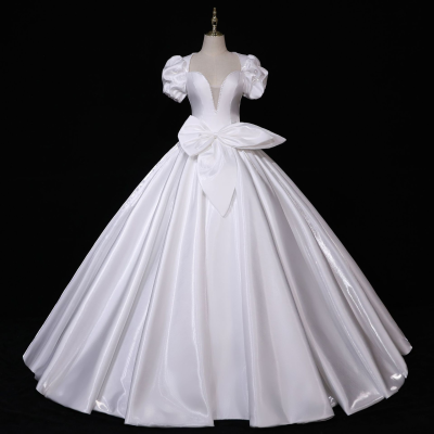 Short Sleeve Bow Knot Sweetheart Neck Lace up Back Satin Ball Gown Prom Dress Wedding Dresses
