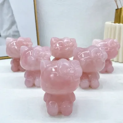 Wholesale Natural Crystal Rose Quartz Kitty cat Carving Figurine Healing Women Ornament for Home Decoration