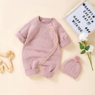 Wholesale new autumn baby long-sleeved khaki knitted solid-color one-piece suits for newborns