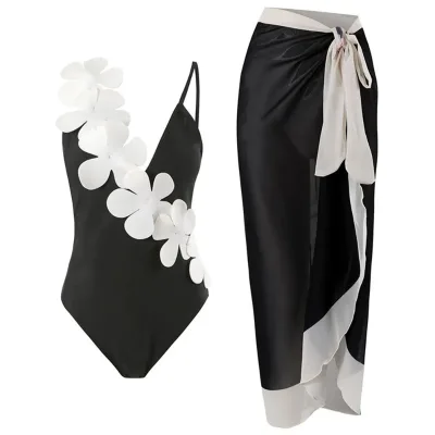 2023 Women Swimwear Deep V Neck One-piece Swimsuit With Cover-ups Luxury Swimming Suit Solid Bathing Suits Backless
