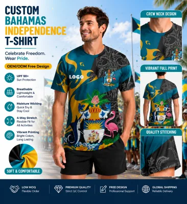 Custom Bahamas 53rd Independence Anniversary T-shirts Flamingos Printing Polyester Tee Short Sleeve Mens Patriotic T Shirts
