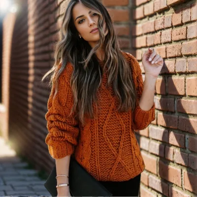 2024 Customized OEM&ODM Brown Woolen Weave Thick Autumn & Winter Casual Elegant Ladies Sweatshirt Wool Sweater
