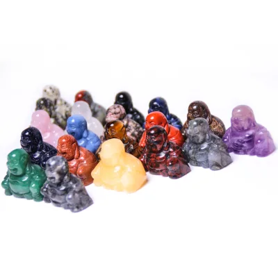 Huiying New design gemstone 30*30mm sitting happy buddha engraving crystals healing stones religious decoration