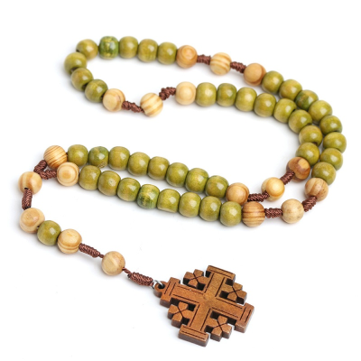 Wood Rosary Beads Necklace Catholicism Gift Religious Prayer Beads Cross Pendant Necklace