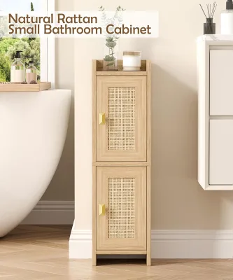 Modern Wooden Rattan Natural Oak Small Bedroom Nightstand 2 Doors Adjustable Shelf Narrow Design Toilet Paper Bedroom Furniture