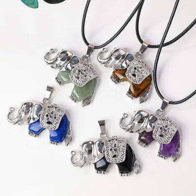 Silver Plated Natural Crystal Agate Jade Stone Rose Quartz Amethyst Lapis Elephant Necklace
