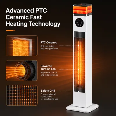 Slim Vertical Space Heater with Automatic Oscillation, Portable PTC Tower Heater with Handle for Home and Office