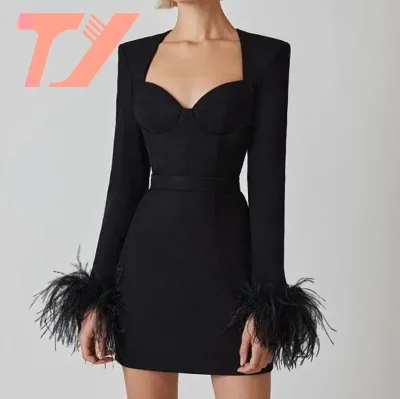 TUOYI New Fashion Square Neck Mini Dress Ladies Feather Bandage Blazer Suit for Women