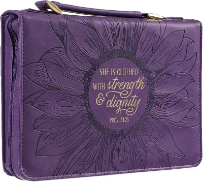 Christian Art Gifts Women Fashion Bible Cover Strength and Dignity Proverbs 31:25 Purple Gold Sunflower Faux Leather Large