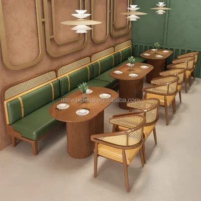 Restaurant Cafe Dining Set Solid Wood Frame PU Leather Upholstered Rattan Sofa Booth Commercial Furniture