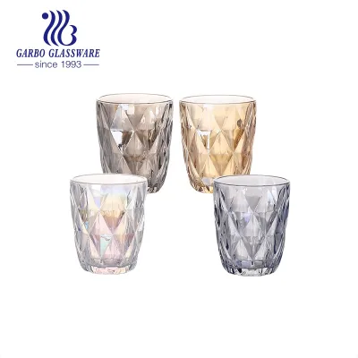 Ion Plating Amber Color Old Fashion Glassware Cup Diamond Engraved Water Glass Tumbler Whisky Drinking Glasses Cup Gold Color