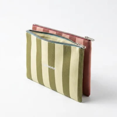 Vintage Striped Canvas Cosmetic Bag Makeup Pouch for Travel Eco-friendly Zipper Stationery Bag & Toiletries Organizer