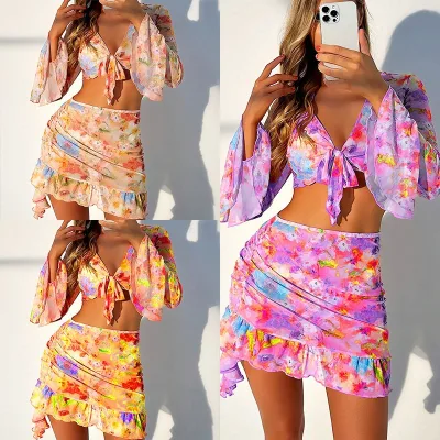2025 Trendy Beach Dress Bikini European/American Printed Four-Piece Swimsuit for Women Quick Dry Short Sleeves Plus Size
