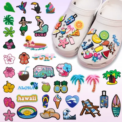 Wholesale Custom Summer Hawaii Beach 2D Rubber Clog Charm Unisex Tropical Palm Leaf Surfboard Fruits Shoe Decoration