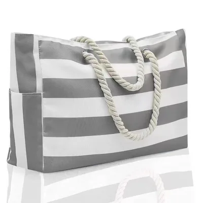 Wholesale Simply Style Striped Zipper Double Full Polyester Beach Bag Outdoor Travel Beach Vacation Super Capacity in 48X14X42cm