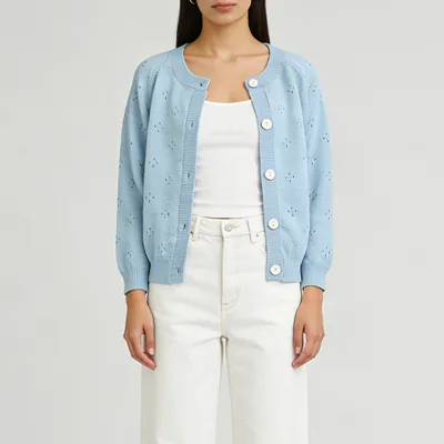 Hollow Woman Cardigan Blue Long Sleeve Knit Sweater Outwears High Quality Plain Cropped Cardigans for Women Korea