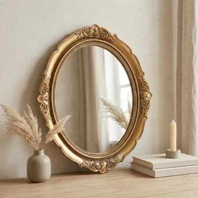 Vintage Antique Gold Oval Table Mirror European Baroque Resin Carved Floral Frame Decorative Mirror Luxury Ornate Vanity Mirror