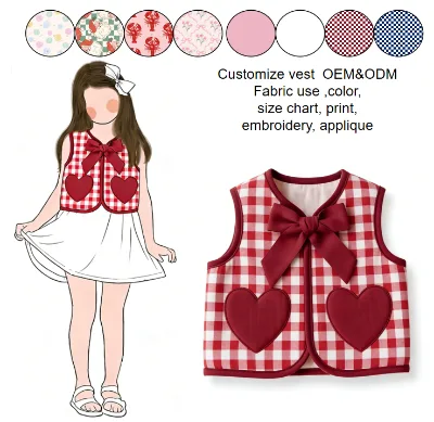 1960s Clothing Old Plaid Children's Single Breasted Open at Front Bow Tie Quilted Mini Vest with Red Heart Pattern