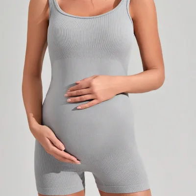 High Elastic Solid Color Maternity Yoga Jumpsuit Thread Knit Outdoor Fitness Bodysuit for Moms-to-Be