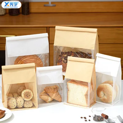 Wholesale Square Bottom Kraft Paper Bag Reusable Greaseproof Food Plastic Bag With Clear Window for Baked Bread Popcorn