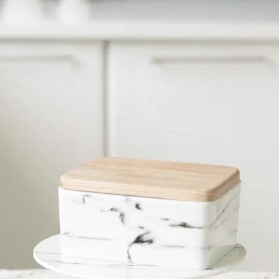 Hot Sale Rectangular Marble Porcelain Butter Dish with Wooden Lid