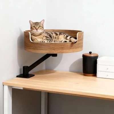 Elevated Wood Modern Cat Bed with Rotating Arm and Soft Cushion Clamp Mounted Desk Nest for Indoor Cats Small Apartments