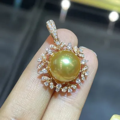 18K Gold Diamond South Sea Gold Pearl Pendant 12-13mm Natural Diamond 0.999ct/56 3.73g Gold Weight Size 56