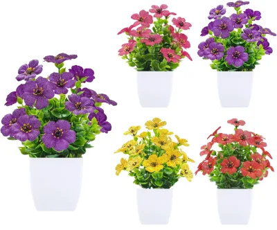 Artificial Plastic Plants Eucalyptus Violet Spring Flower Small White Potted Plant for Home Living Room Desktop Office Decor
