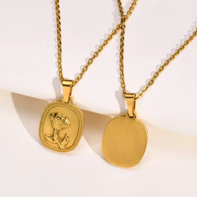 French Vintage Rose Pendant Necklace - 18K Gold Plated Stainless Steel Matte & Glossy Rose Charm Romantic Boho Jewelry for Women