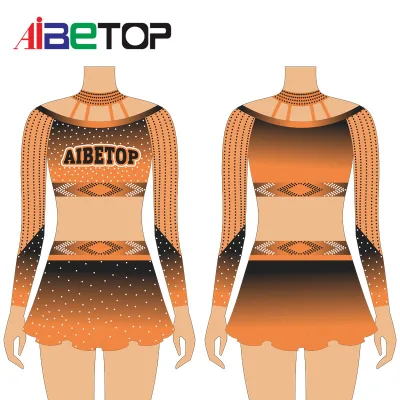 Wholesale Long Sleeve Mesh Fabric Cheerleading Uniforms Performance Woman Crystal Cheer Crop Top and Short