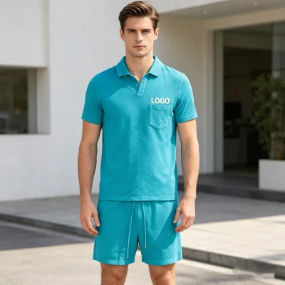 High Quality Polo T-shirt men's sets,short sleeve towel fabric polo Shorts Two Piece Sets for men,Summer Casual 350 Terry Fabric