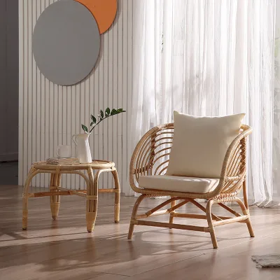 Japanese Style Wabi Sabi Minimalist Rattan Wicker Wooden Accent Chair Balcony Leisure Single Sofa Chair for Living Room