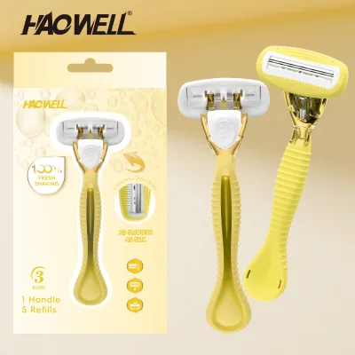 Elegant Quality Hot Stainless Steel 3 Blade Woman Razors of Non slip Handle, Soap Head of 1 Handle & 5 Refills Wholesale Price