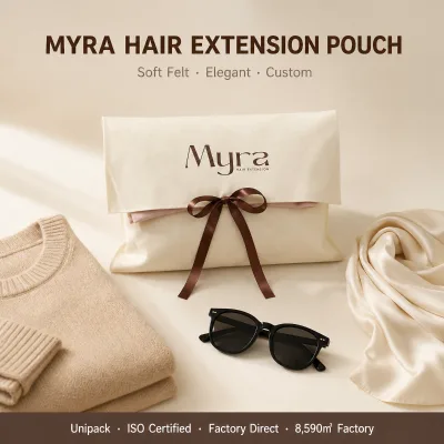 Custom Screen Print Logo Ivory Microfiber Large Envelope Bag with Ribbon Bow Luxury Hair Extension Packaging Pouch OEM