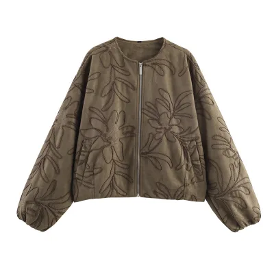 Foreign Trade 2025 Autumn New European and American Style Women's Casual Loose Floral Woven Zipper PU Jacket