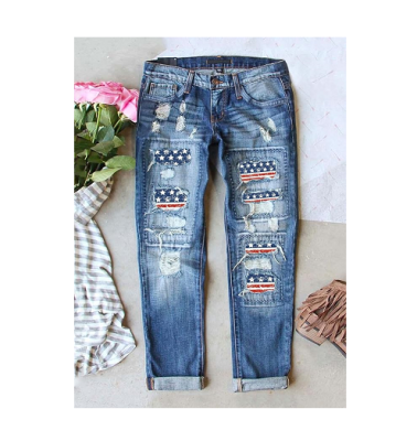 Ripped Jeans for Women Plaid Patch Boyfriend Skinny Distressed Denim Jean Pants