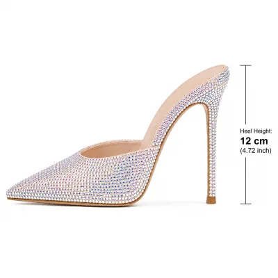 Women's AB Rhinestone Pointed Toe 12cm Stiletto Mule Pumps Luxury Party Shoes OEM ODM Custom Wholesale Manufacturer Supplier B2B