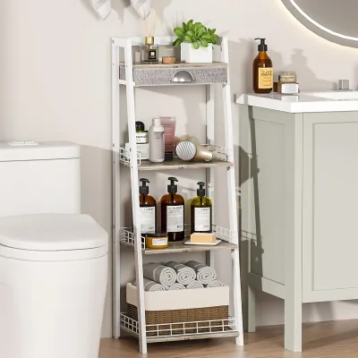 1-Tier Modern MDF Narrow Freestanding Bathroom Shelves Open Floor Ladder Tower Drawer Storage Slim Bathroom Furniture